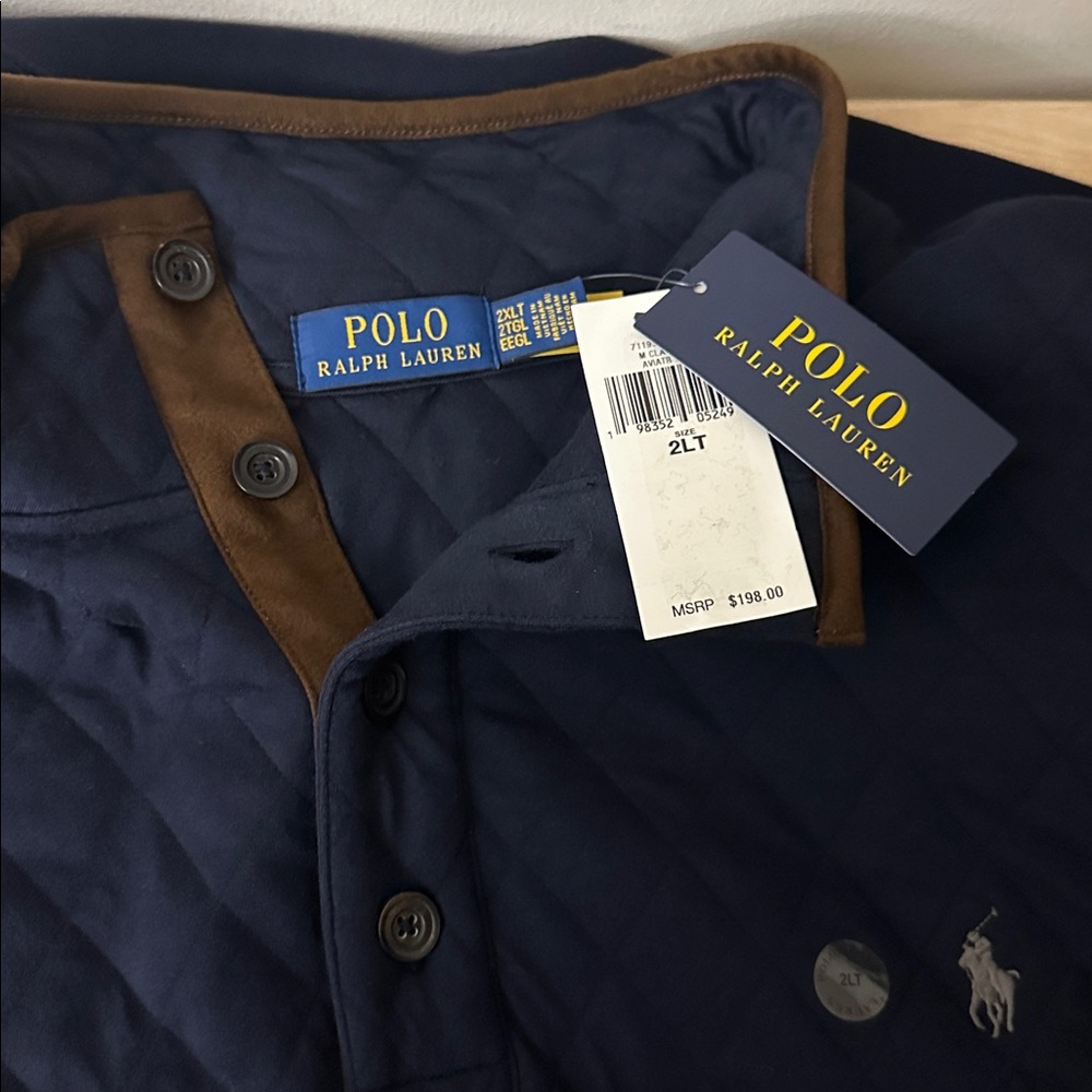 Polo Navy Diamond Quilted Quarter Button Mock Neck Pullover - Navy